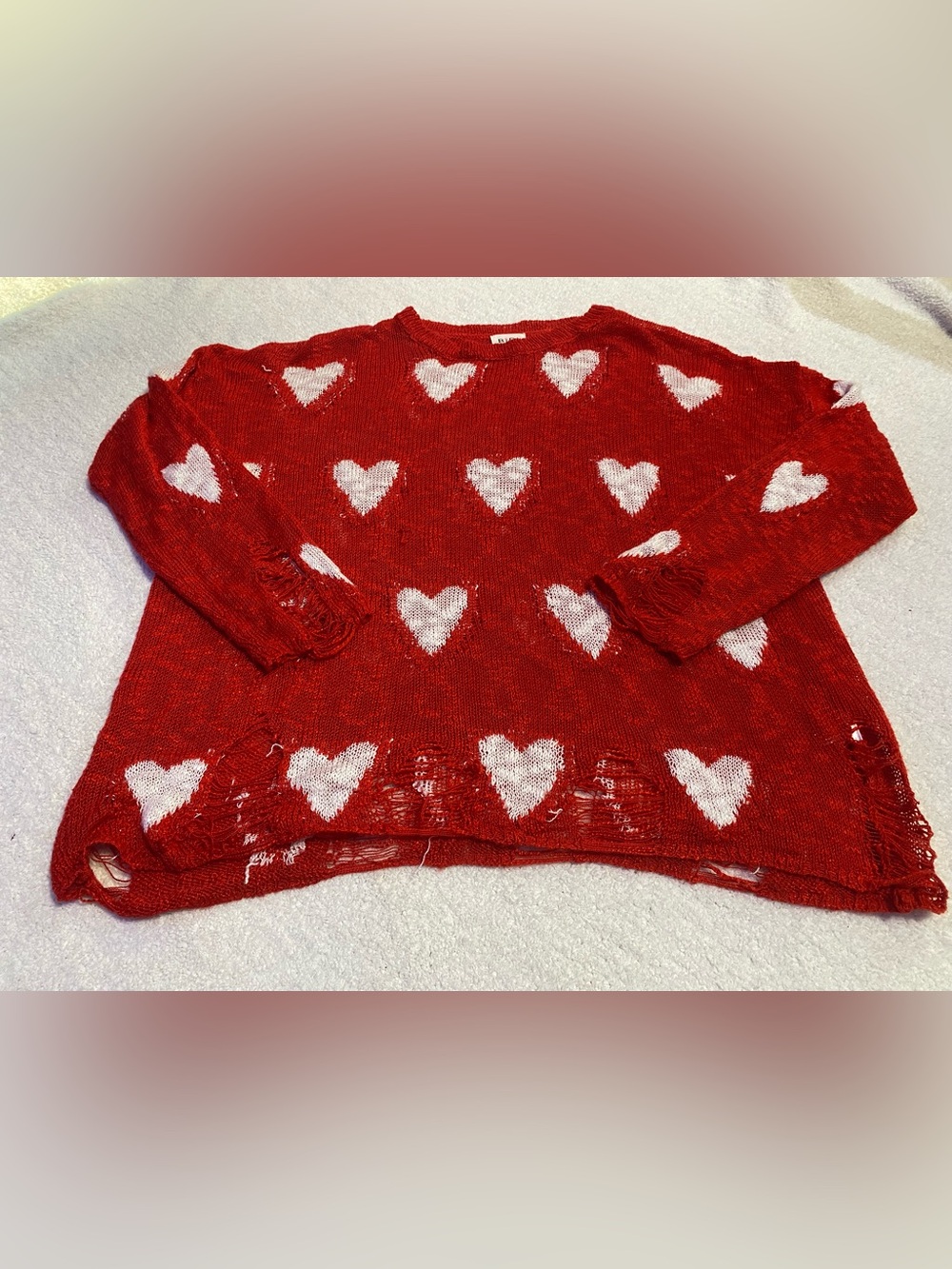 BiBi Red Heart Pattern Distressed Sweater